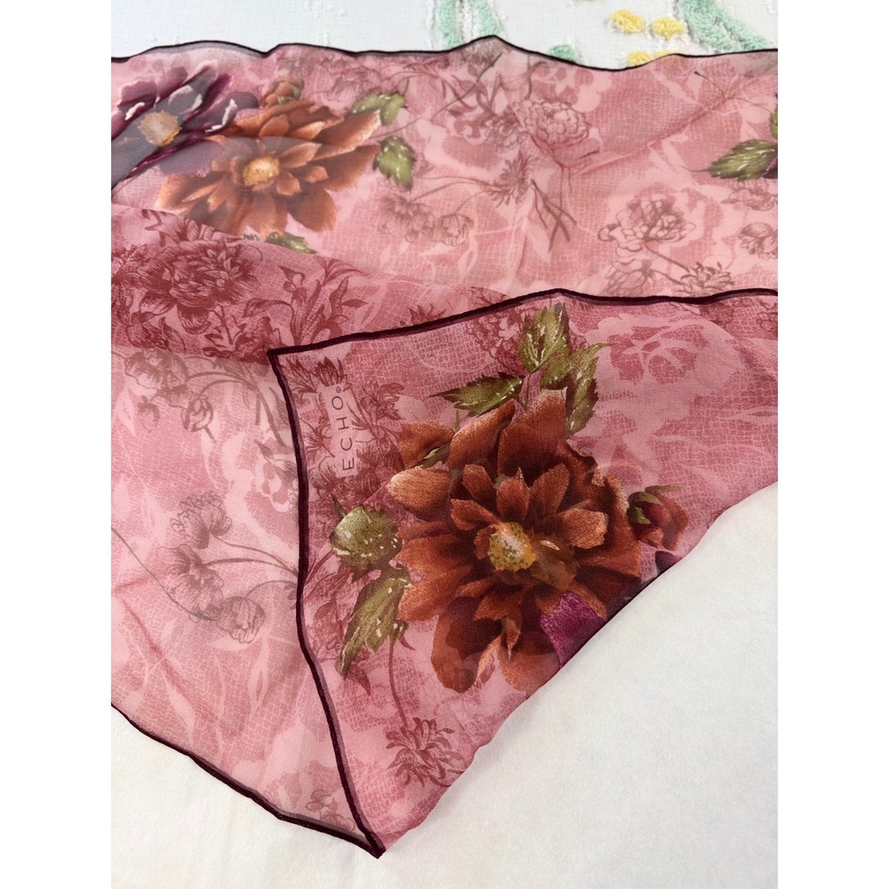 Echo Silk Square Scarf Pink Floral Chiffon Mauve Burgundy Sheer Neckerchief 21in - Picture 3 of 6
